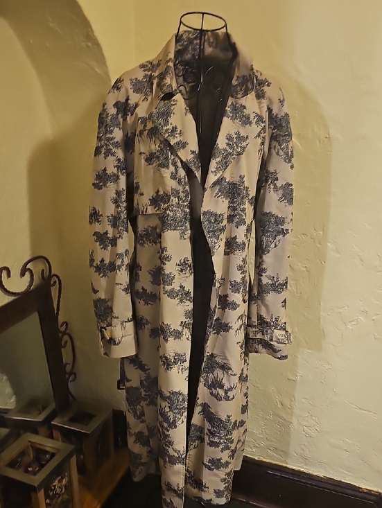 INC International Concepts Jackets & Blazers - Womens Beige Trench Coat with Blue Toile Print